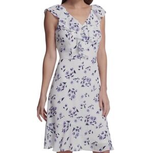 DKNY Purple Floral Ruffle V-Neck Midi Dress White Sleeveless Chiffon Size 8